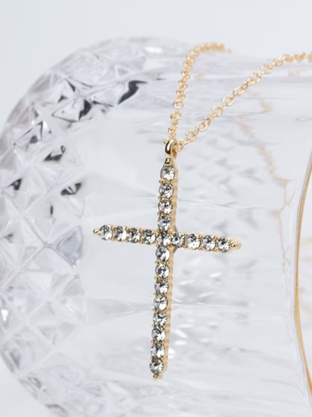 Gold Crystal Cross Pendant 16" Necklace - Clear Crystals New